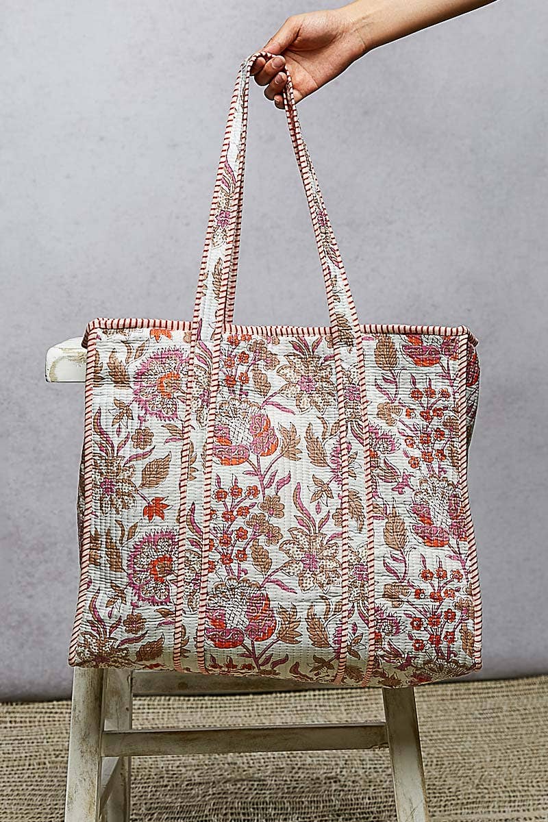 Quilted Striped Binding Roomy Fit Ivory Tote Bag