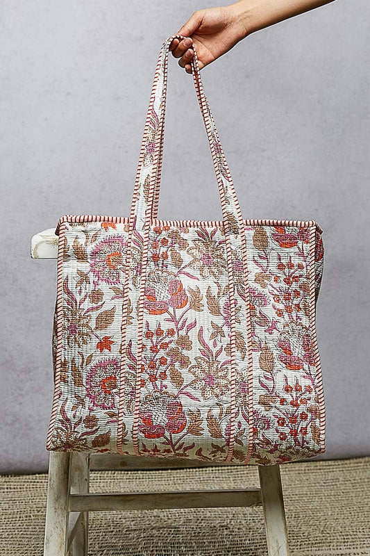Quilted Striped Binding Roomy Fit Ivory Tote Bag