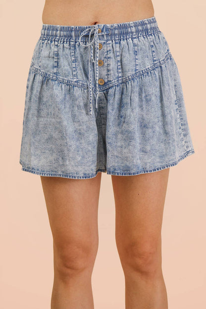 Chambray Button Down Flare Shorts*