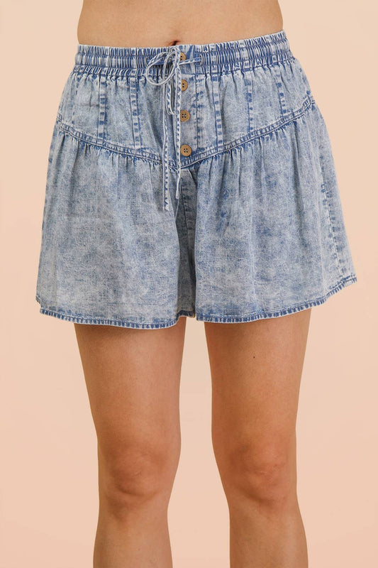 Chambray Button Down Flare Shorts*
