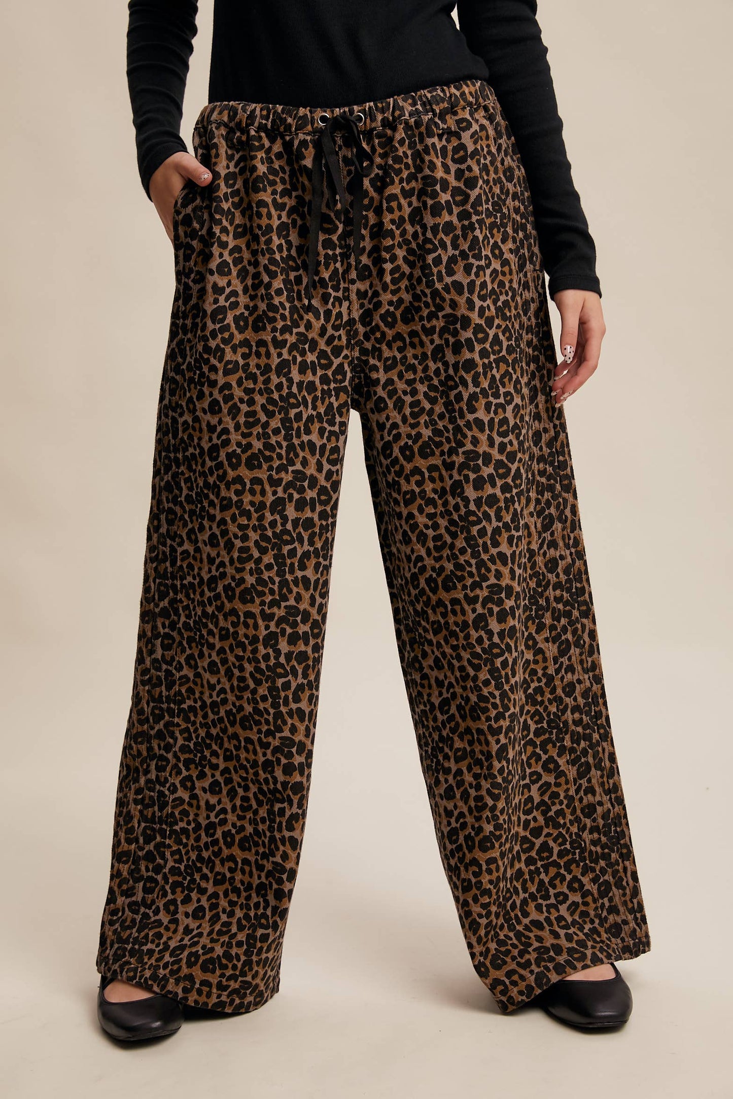 Leopard Print Denim Wide-Leg Pants
