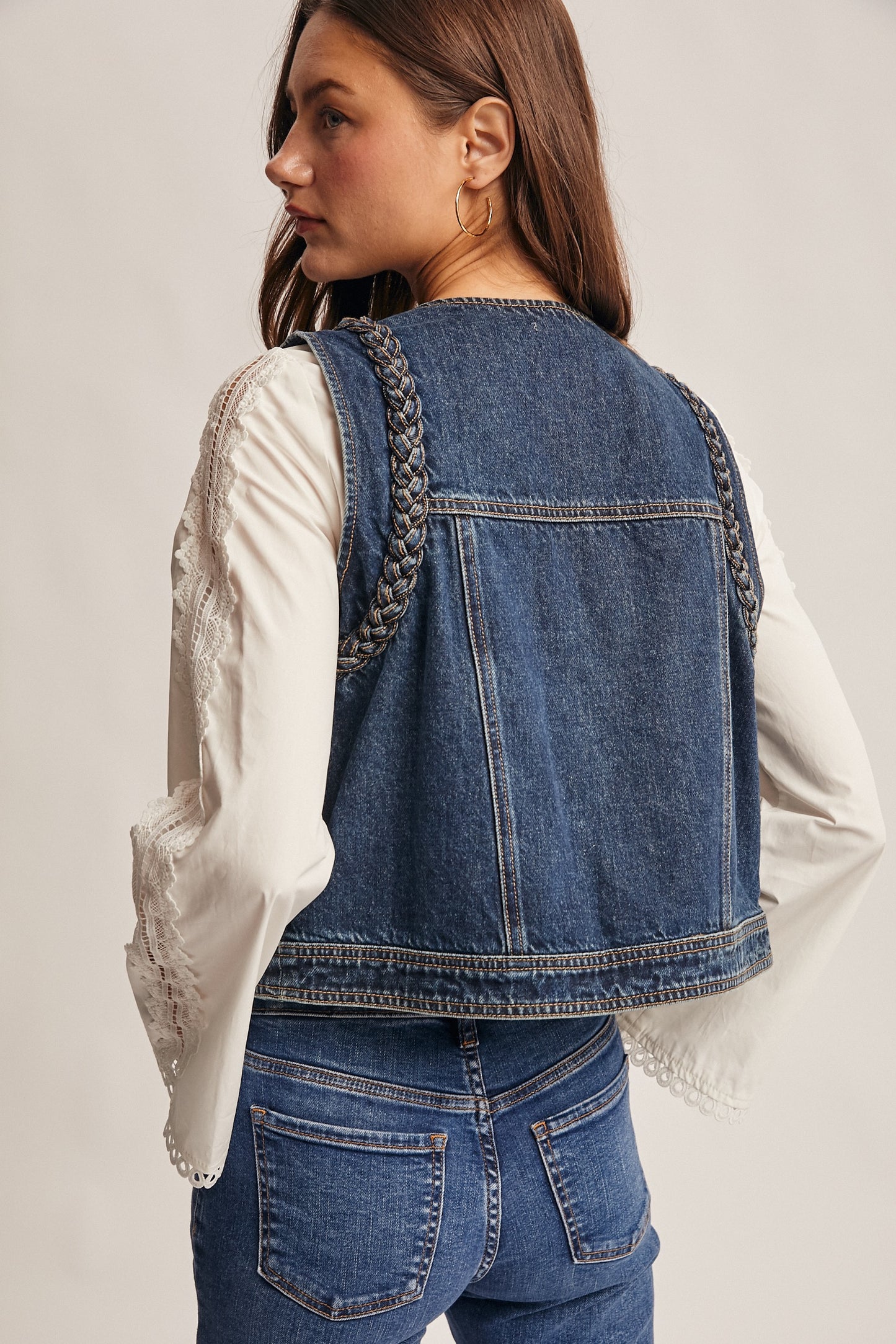 Braided Trim Denim Vest