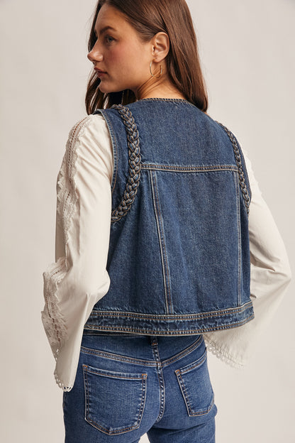 Braided Trim Denim Vest