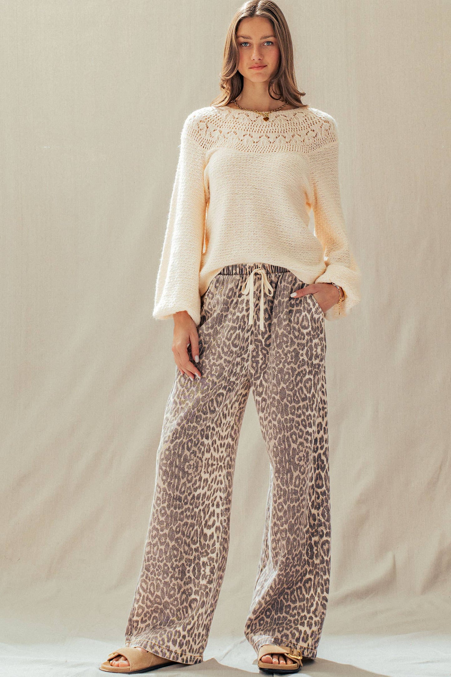 Leopard Print Wide Leg Cotton Pants Drawstring*