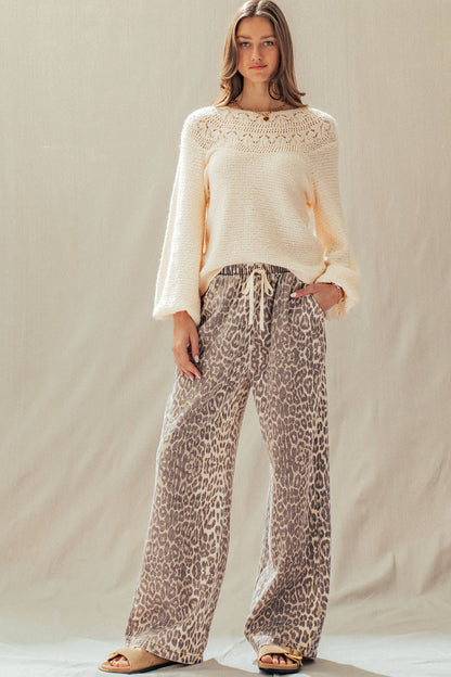Leopard Print Wide Leg Cotton Pants Drawstring*