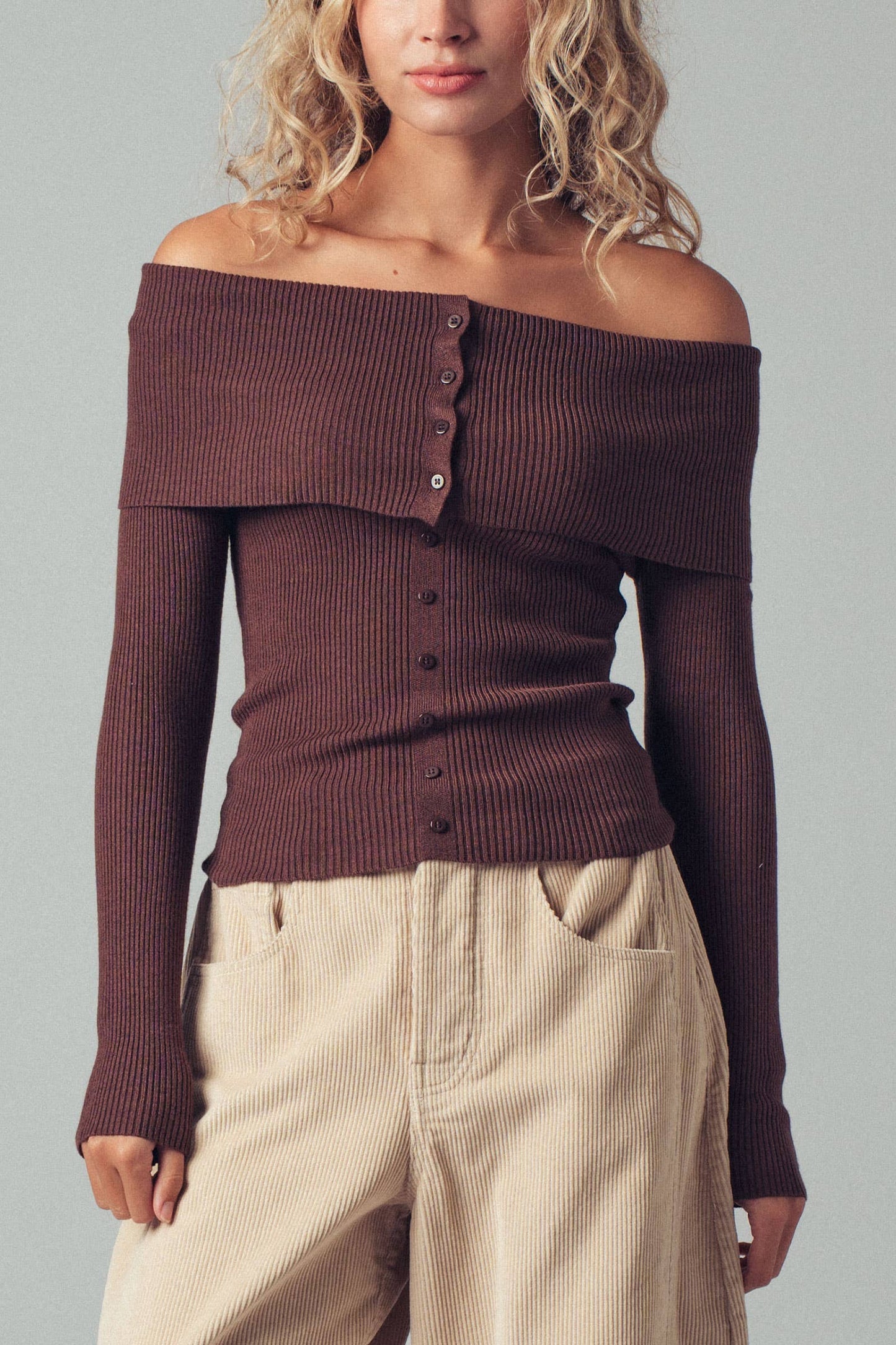 Hartsin Off-Shoulder Button Front Ribbed Top