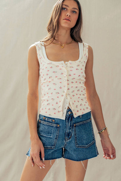 Ribbed Cotton Button-Front Picot Trim Tank (Four Colors)