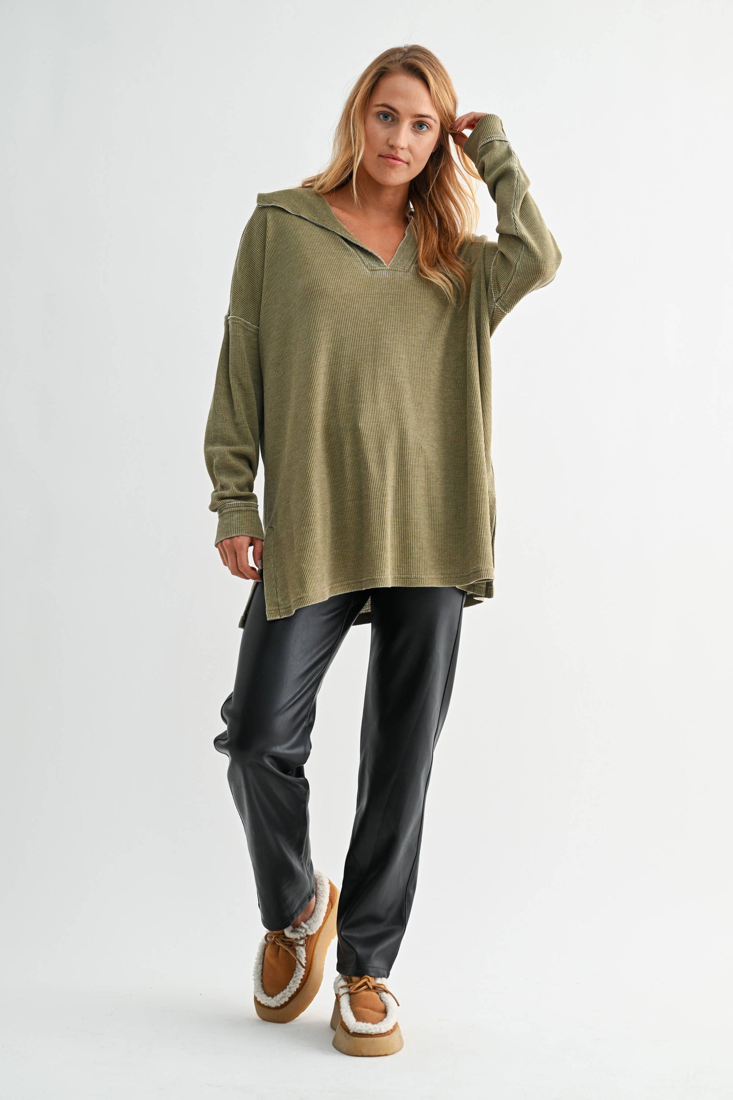 Whitney Waffle Knit Collared Long Sleeve