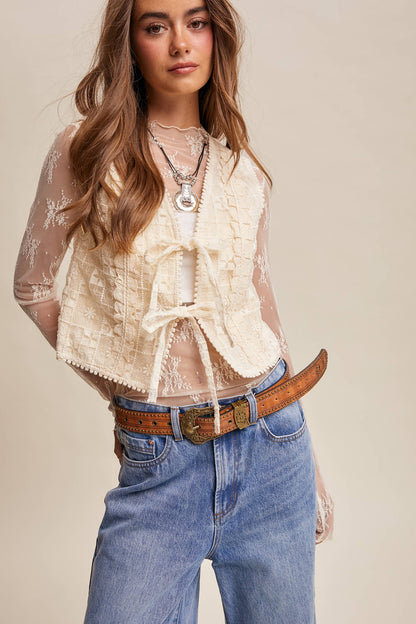 Embroidered Lace Tie-Front Vest