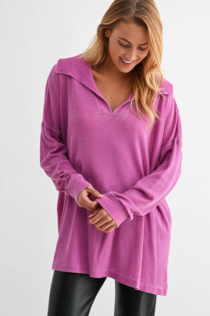 Whitney Waffle Knit Collared Long Sleeve