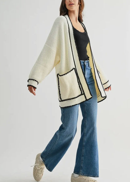 Waffle-Knit Cardigan with Contrasting Trim