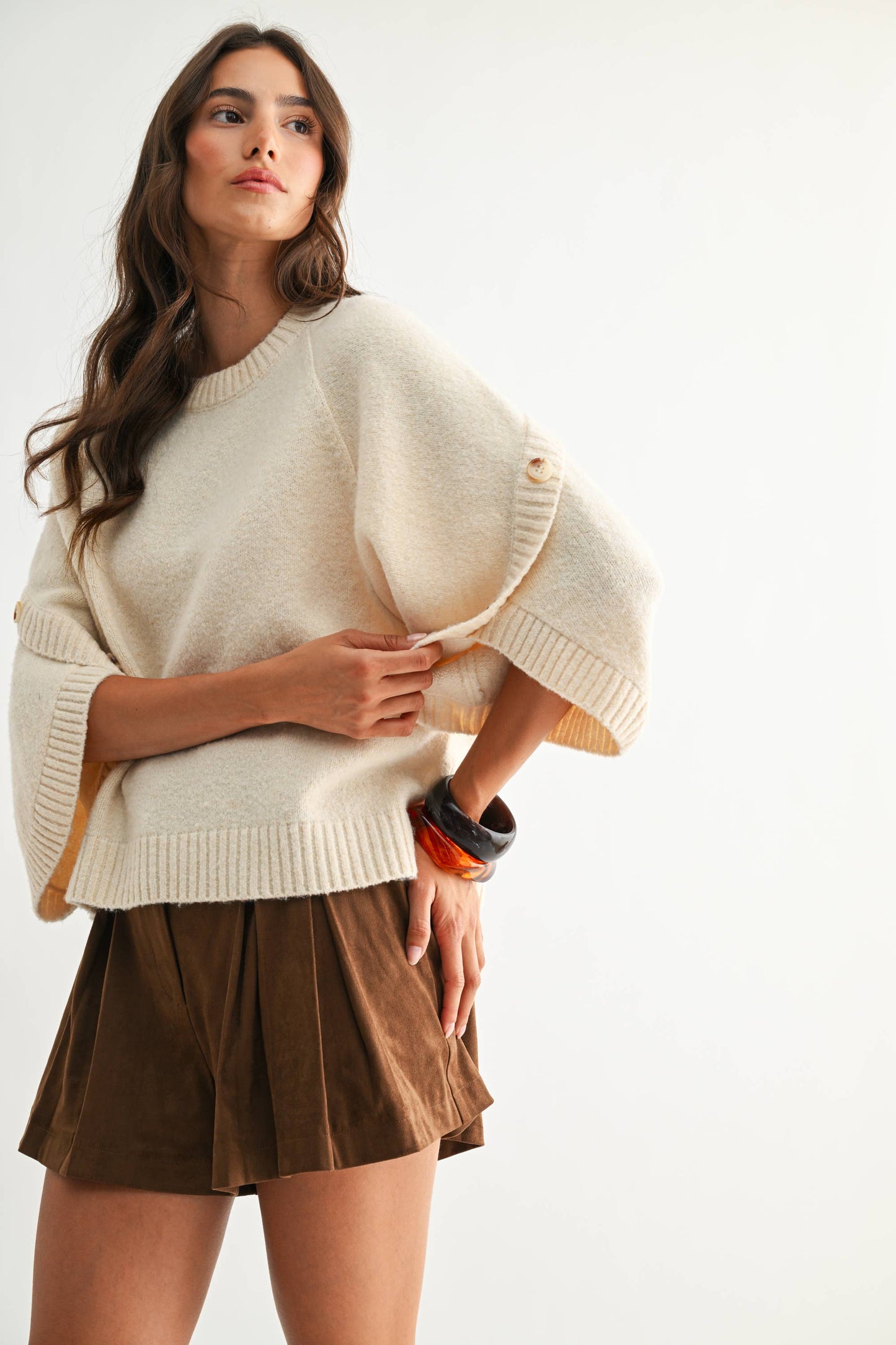 BUTTON SLEEVE KNIT PULLOVER