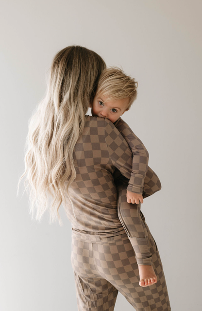 Women's Bamboo Pajamas | Faded Brown Checkerboard