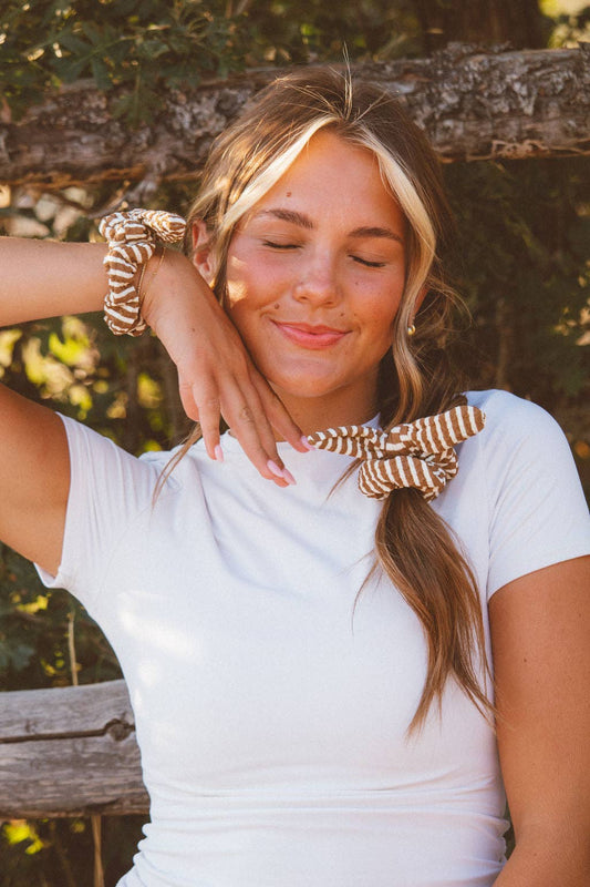 Brown Striped Bow Scrunchie