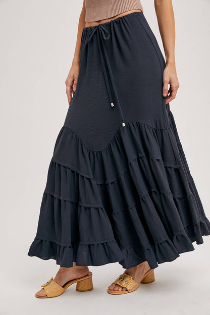 RUFFLED DRAWSTRING WASIT MAXI SKIRT WITH LINING