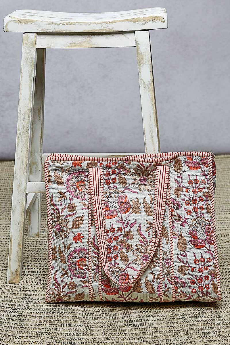Quilted Striped Binding Roomy Fit Ivory Tote Bag