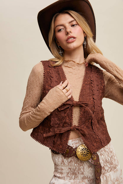 Embroidered Lace Tie-Front Vest