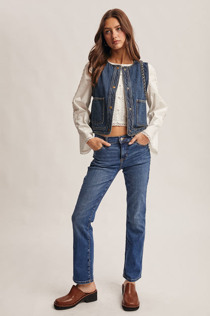 Braided Trim Denim Vest