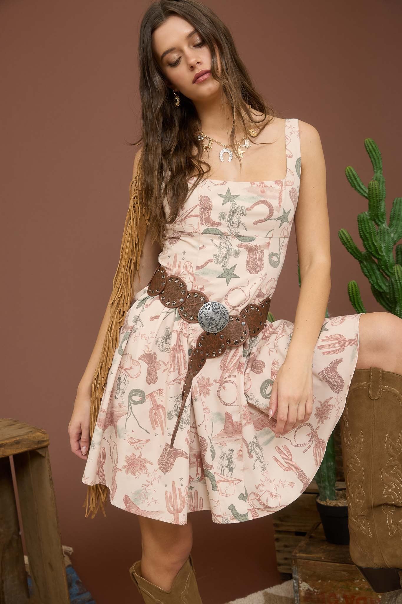 Western Print Sleeveless Mini Dress Large