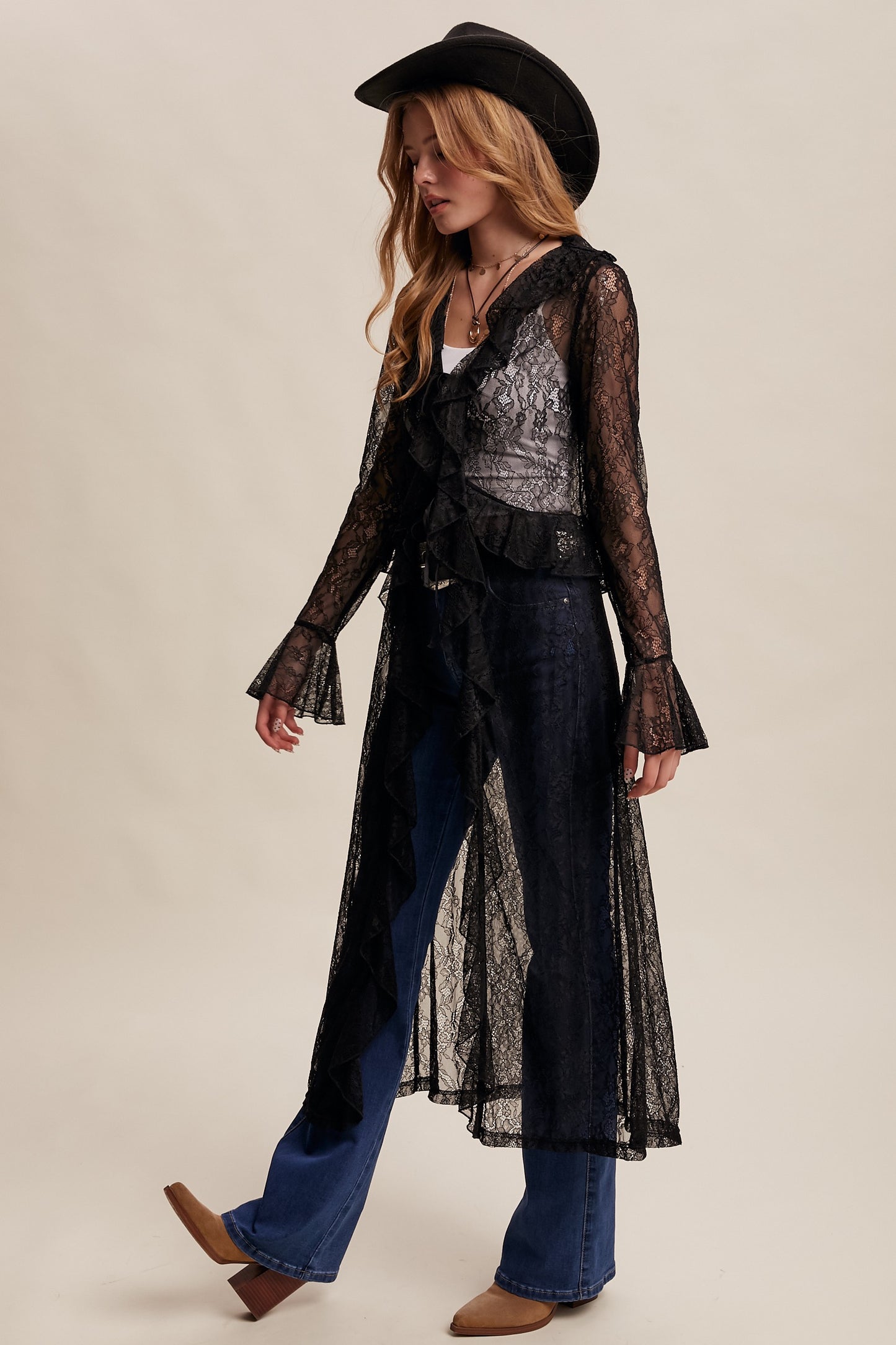 Sheer Lace Ruffle Duster
