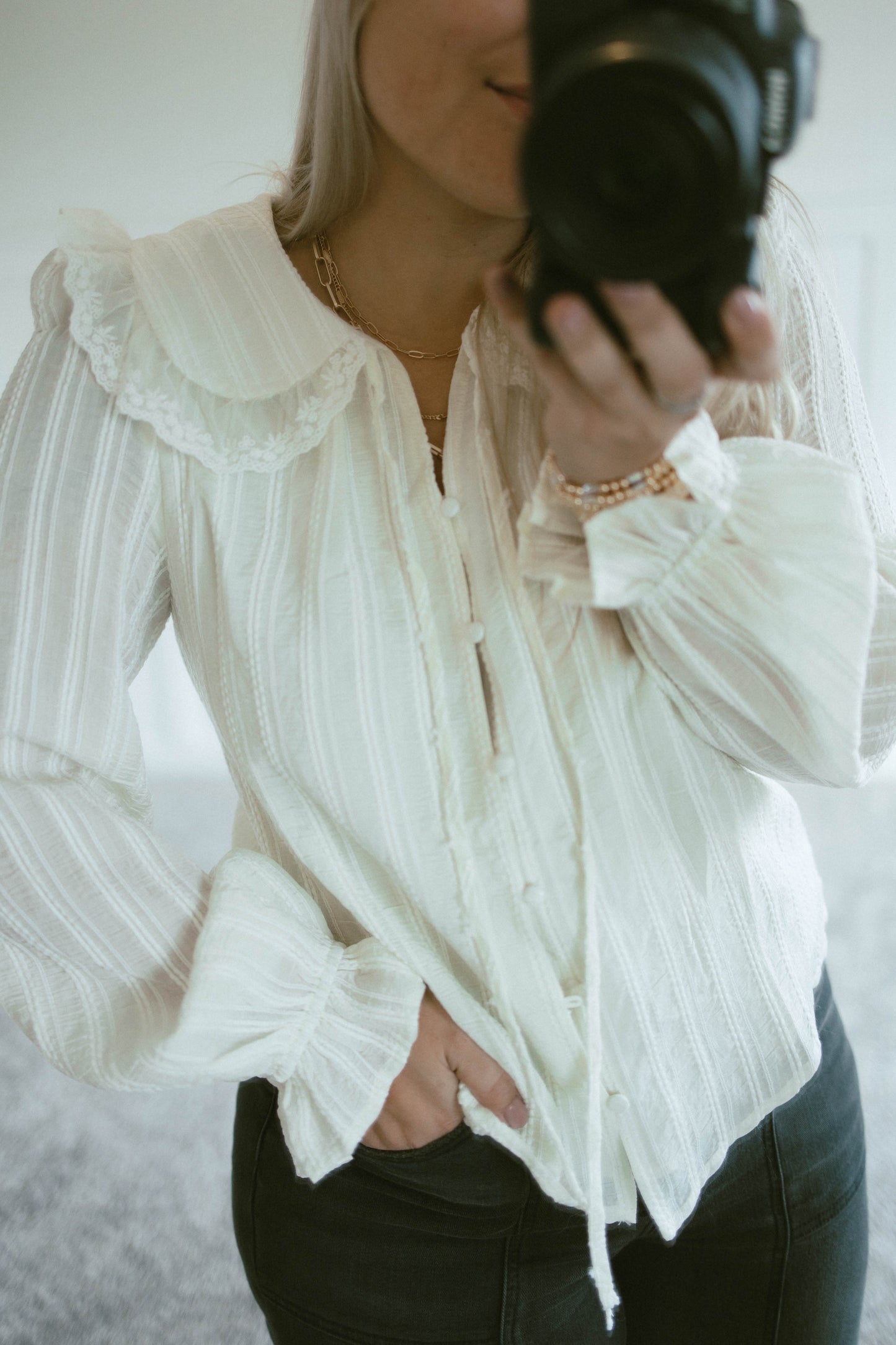 Embroidered Collar Textured Blouse