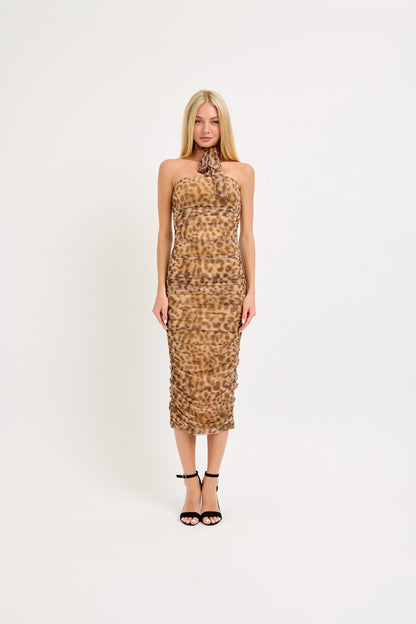 Leopard Print Ruched Midi Dress
