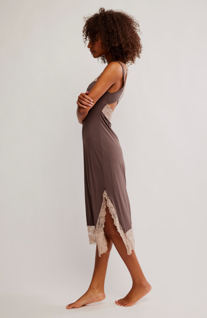 free people party crasher midi slip dress Free People X Intimately Fp Party Crasher Midi Slip Dress With Lace Trim - Mushroom & Double Espresso