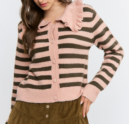 Lena Striped Cardigan w/Ruffle Collar