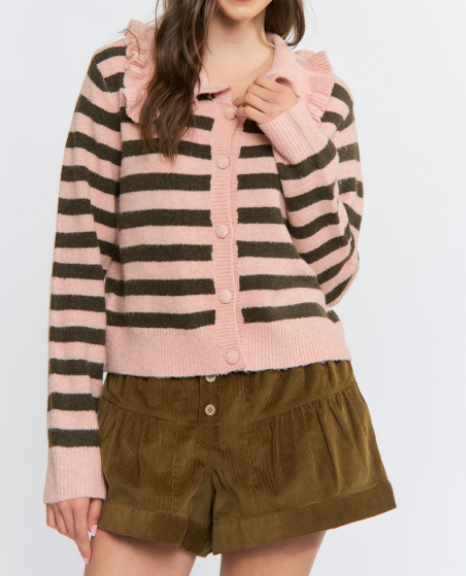 Lena Striped Cardigan w/Ruffle Collar