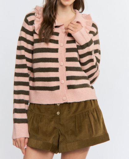 Lena Striped Cardigan w/Ruffle Collar