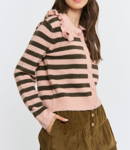 Lena Striped Cardigan w/Ruffle Collar