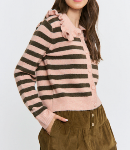 Lena Striped Cardigan w/Ruffle Collar