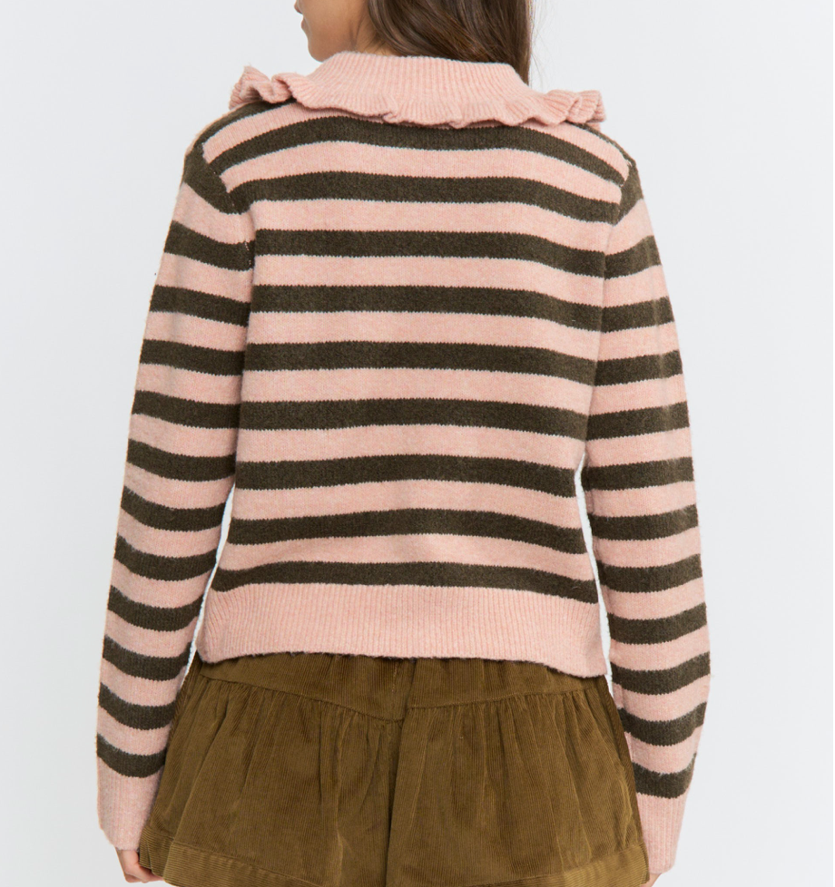 Lena Striped Cardigan w/Ruffle Collar