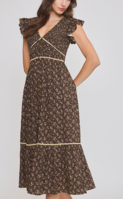 Lori Floral Ruffle Sleeves Midi Dress