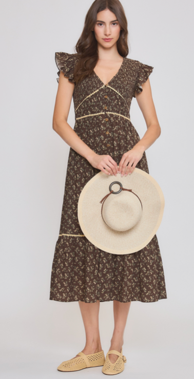 Lori Floral Ruffle Sleeves Midi Dress