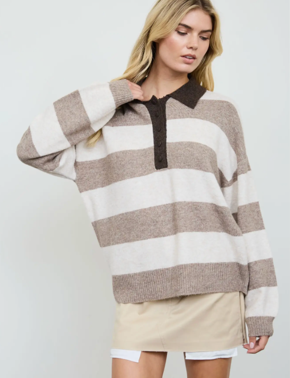 Cali Stripe Polo Collar Long Sleeve Sweater