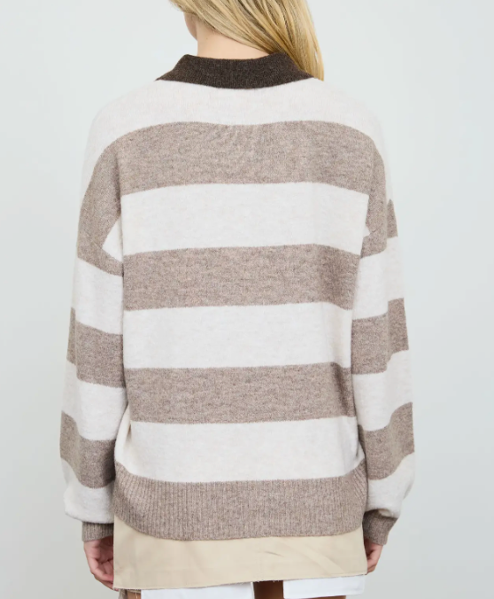 Cali Stripe Polo Collar Long Sleeve Sweater