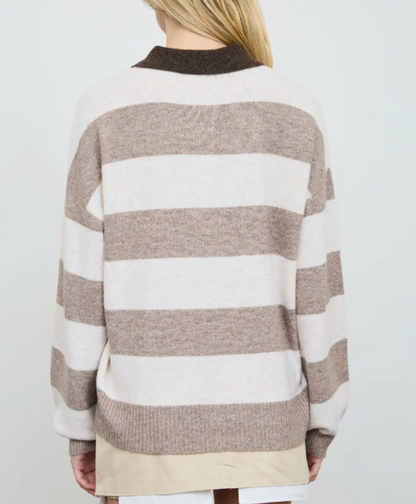 Cali Stripe Polo Collar Long Sleeve Sweater