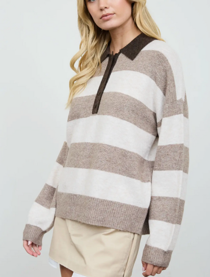 Cali Stripe Polo Collar Long Sleeve Sweater