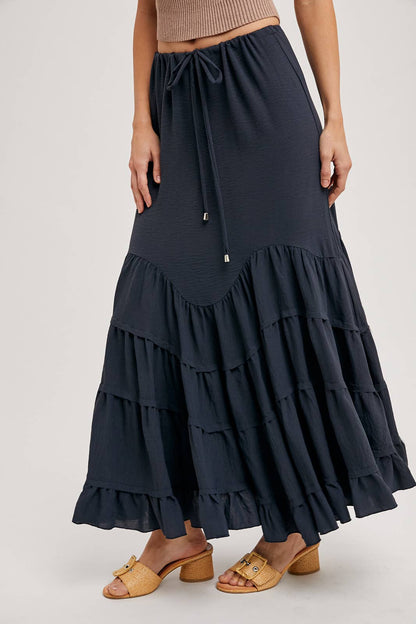 RUFFLED DRAWSTRING WASIT MAXI SKIRT WITH LINING