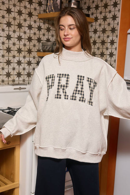 'PRAY' Gingham Appliqué Mockneck Sweatshirt