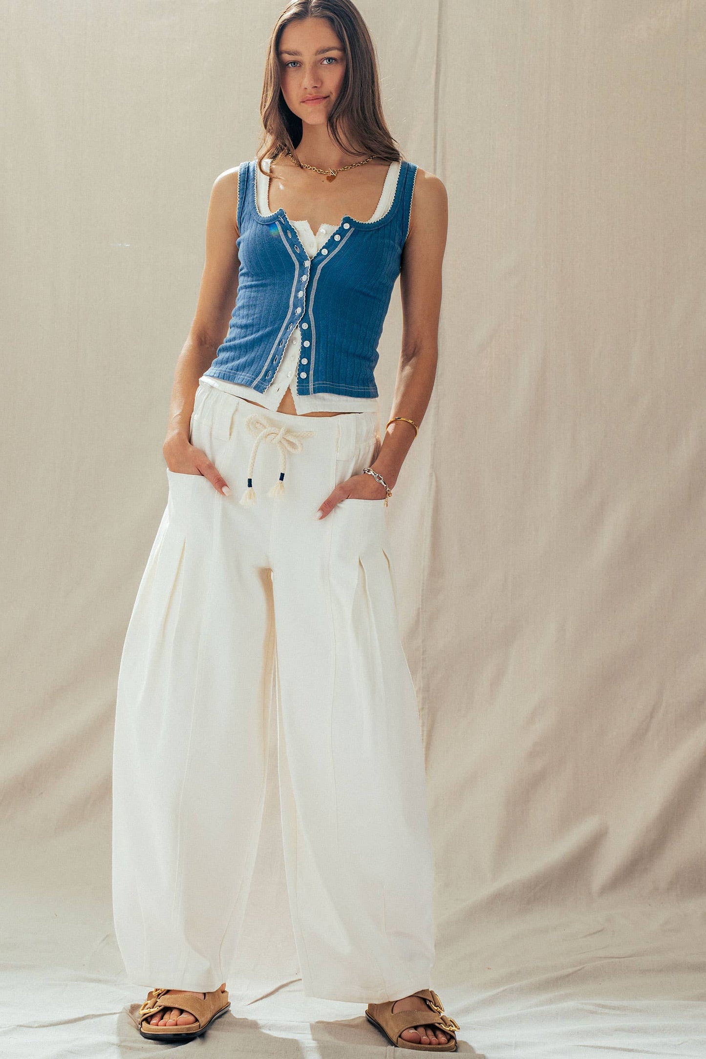 Ribbed Cotton Button-Front Picot Trim Tank (Four Colors)