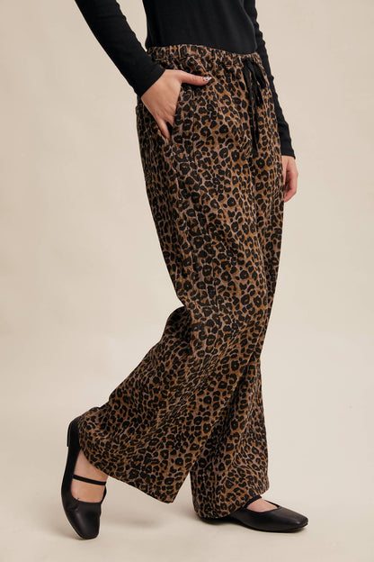 Leopard Print Denim Wide-Leg Pants