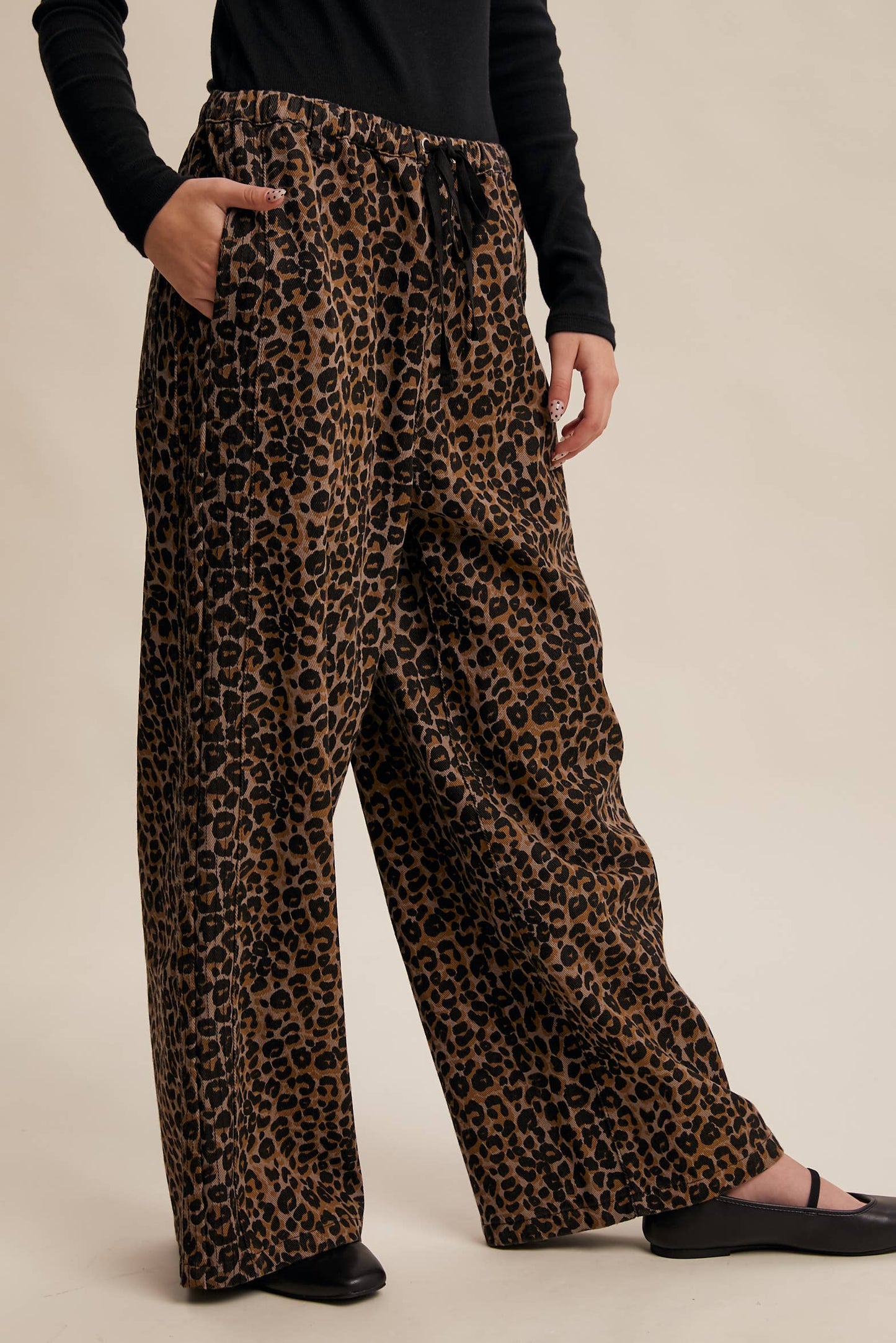 Leopard Print Denim Wide-Leg Pants