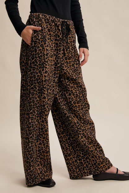 Leopard Print Denim Wide-Leg Pants