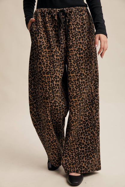 Leopard Print Denim Wide-Leg Pants