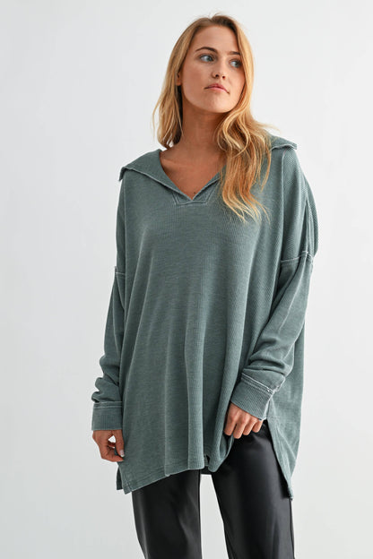 Whitney Waffle Knit Collared Long Sleeve