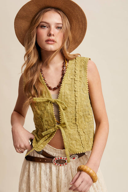 Embroidered Lace Tie-Front Vest