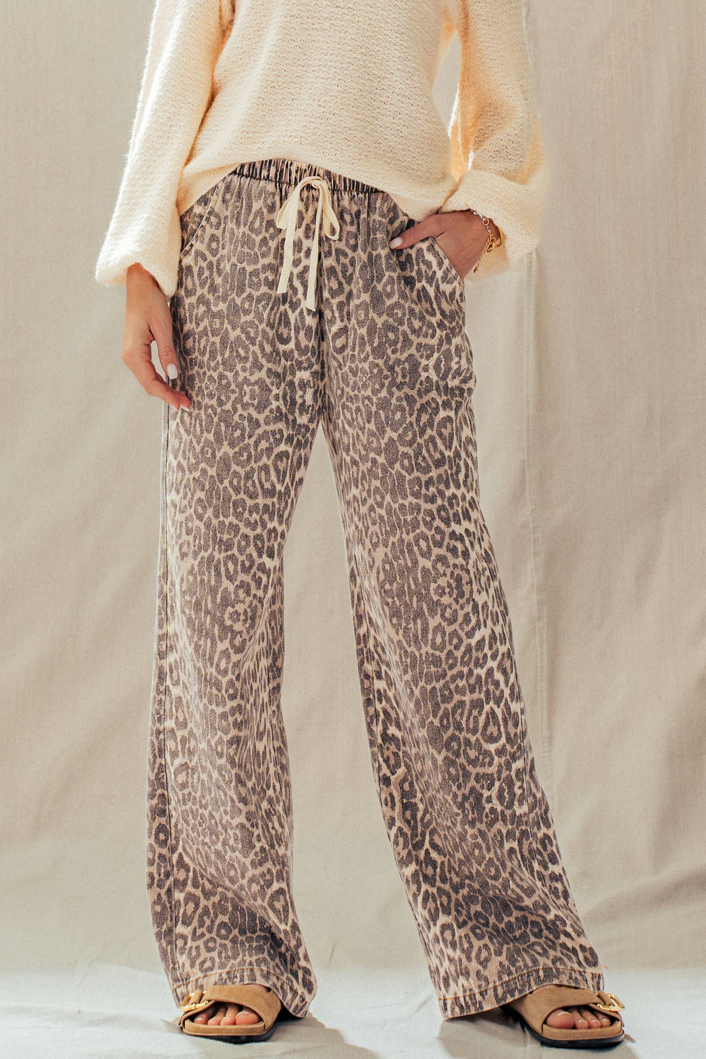 Leopard Print Wide Leg Cotton Pants Drawstring*