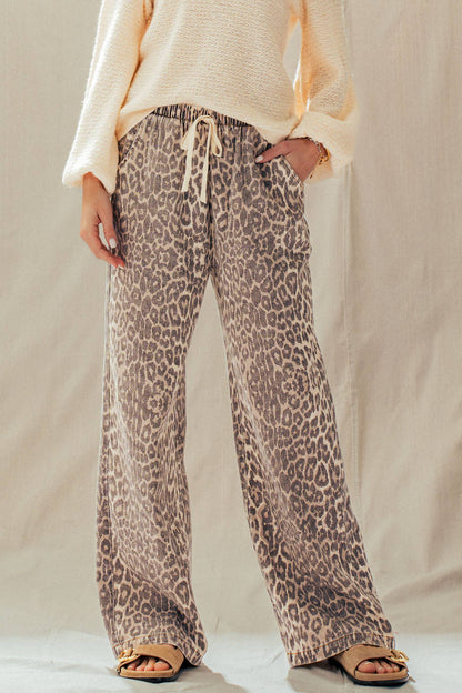 Leopard Print Wide Leg Cotton Pants Drawstring*